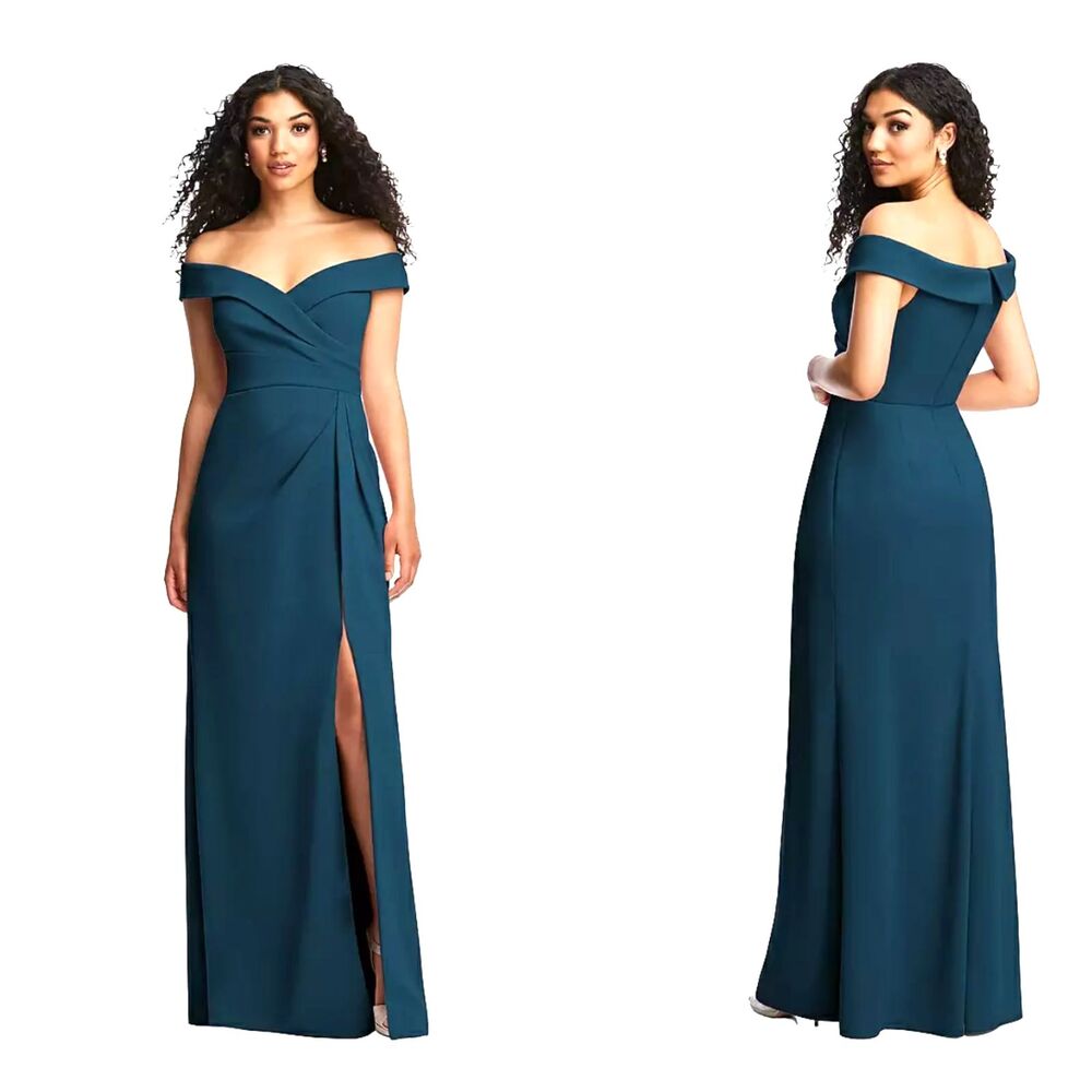 After Six SZ 4 Off-the-Shoulder Pleated Faux Wrap Maxi Dress Atlantic Blue